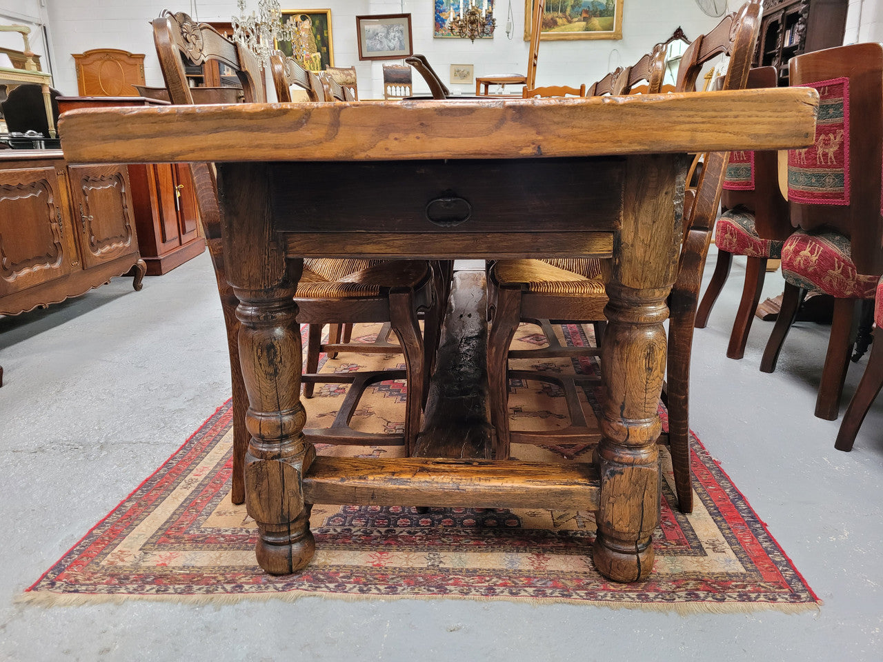 Large impressive 19th century 2.5 meter Antique French Oak farmhouse table. Loads of character with a stunning solid thick top and has a long drawer at one end. Sourced from France and in good original detailed condition.