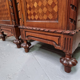 Impressive Pair of Walnut Parquetry Inlaid Henry II Style Marble Top Bedside Cabinets