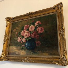 Beautifully framed signed, French oil on canvas of a vase of Pink roses and in good condition.