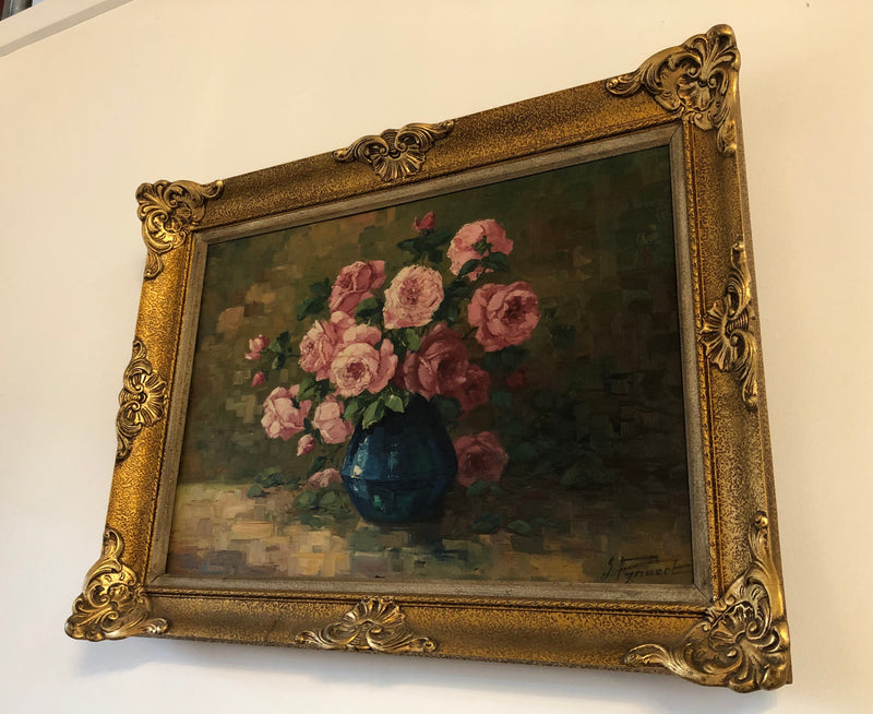 Beautifully framed signed, French oil on canvas of a vase of Pink roses and in good condition.