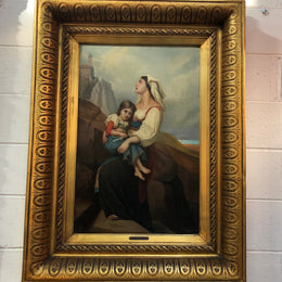 Sourced in France is this beautiful oil painting on canvas on a restored board of a lady and child. Framed in a thick decorative gilt frame. Signed and in good condition.