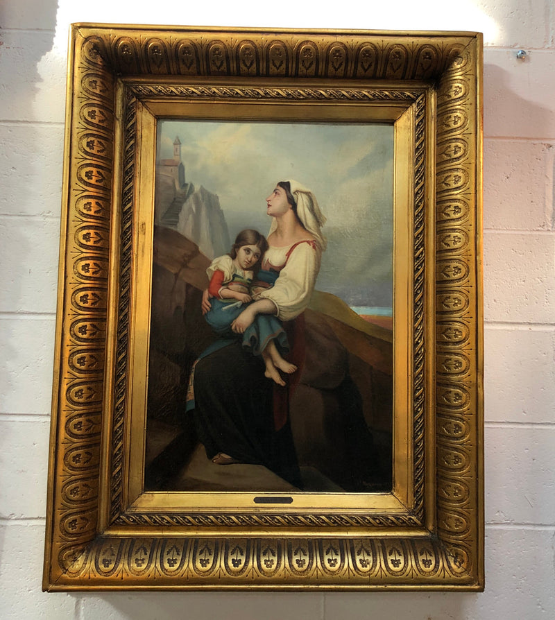 Sourced in France is this beautiful oil painting on canvas on a restored board of a lady and child. Framed in a thick decorative gilt frame. Signed and in good condition.