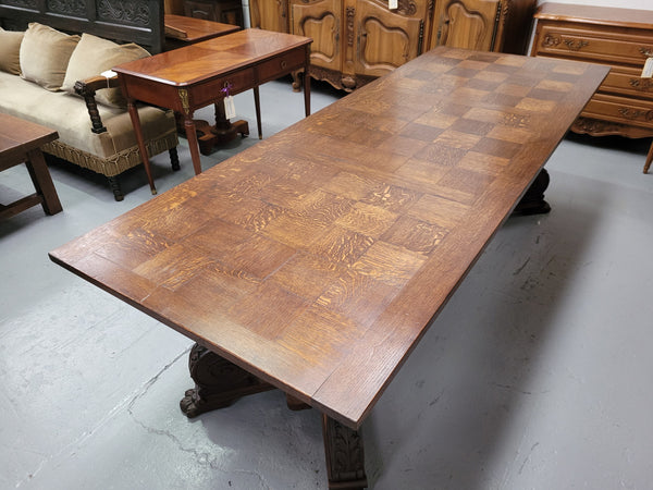 Stunning 2.55 meter French Spanish style parquetry top Oak table. Amazing one piece top and it is in good original detailed condition.