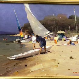 Beach Scene Oil On Board Painting By David Chen