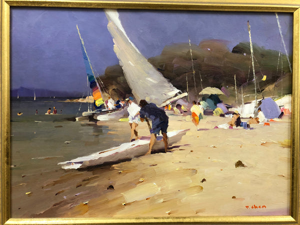 Beach Scene Oil On Board Painting By David Chen