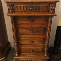 Henry II style Walnut inset marble top single bedside. Plenty of storage space with 4 drawers and a small cupboard space. In good original detailed condition.