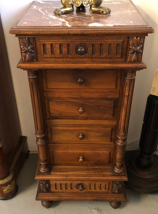 Henry II style Walnut inset marble top single bedside. Plenty of storage space with 4 drawers and a small cupboard space. In good original detailed condition.