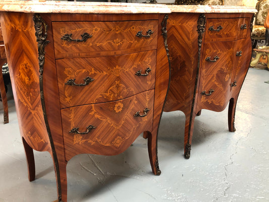 Rare Pair of French miniature commode bedsides with beautiful marquetry inlay & ormolu mount. Circa 1950's and are in very good condition.