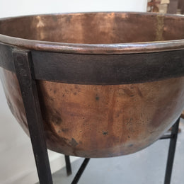 Fabulous Antique French copper pot on a solid iron stand in good original detailed condition. see photo for full description of condition.