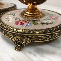 Pair Of Petit Point & Gilt Metal Dressing Table Vintage Candle Holders