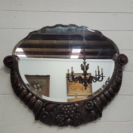 Unusual Art Deco Shaped & Bevelled Mirror Half Framed with Carved Oak