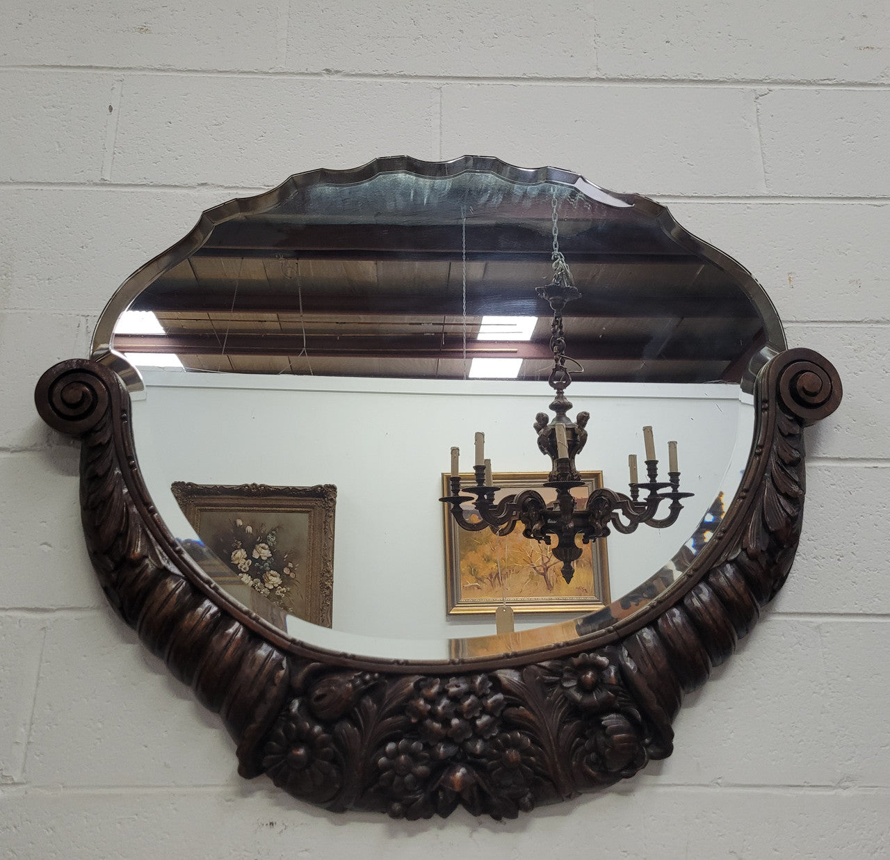 Unusual Art Deco Shaped & Bevelled Mirror Half Framed with Carved Oak