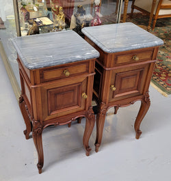 Pair of Walnut Louis XV Style Grey Marble Top Bedside Cabinets | Antique & Vintage | Moonee Ponds Antiques | Australia Wide Delivery