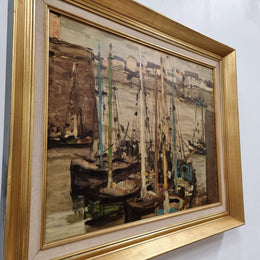 Fabulous signed Vintage boat scene oil on canvas painting in gilt frame. In good original detailed condition.