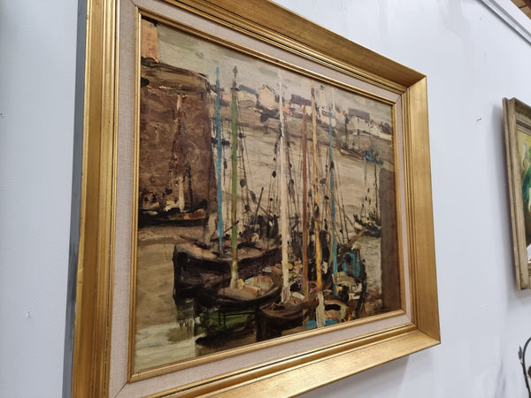 Fabulous signed Vintage boat scene oil on canvas painting in gilt frame. In good original detailed condition.