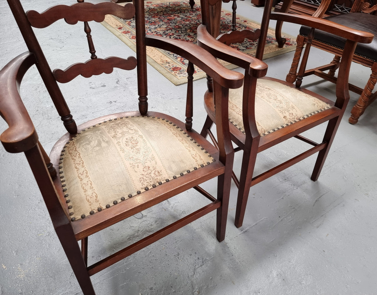 Pair of Mahogany Cottage Arm Chairs With Ladder Back