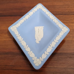 Wedgwood blue and white diamond shaped pin dish. It is in good original condition with no chips or cracks and it has been sourced locally. Please view photos as they help form part of the description.