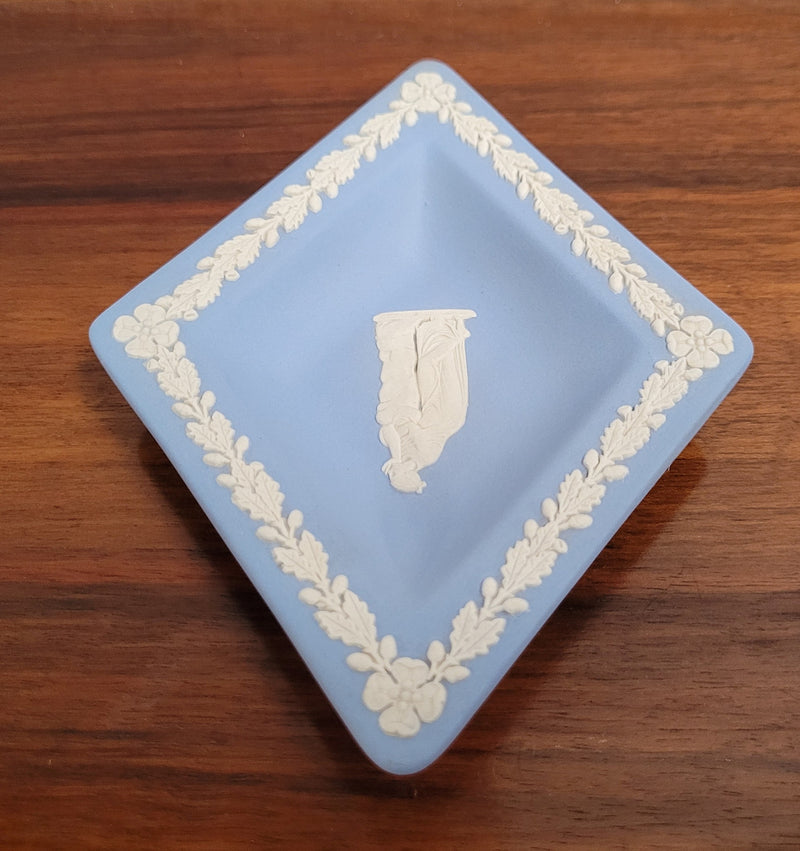 Wedgwood blue and white diamond shaped pin dish. It is in good original condition with no chips or cracks and it has been sourced locally. Please view photos as they help form part of the description.