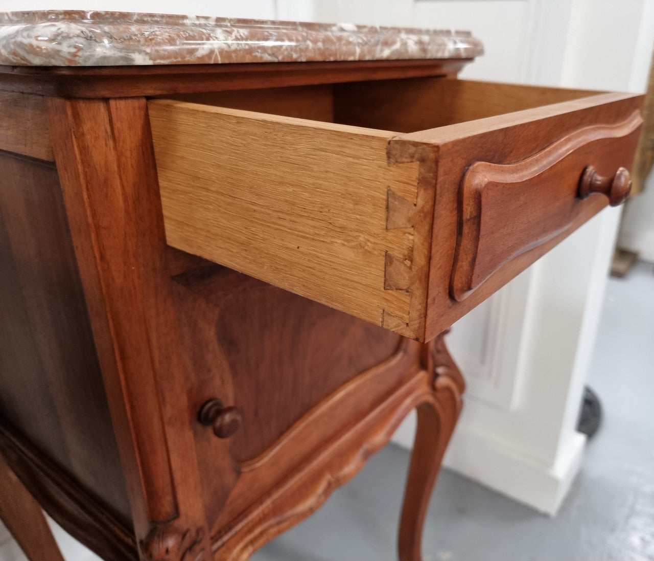 French Louis XVI Style Figured Walnut Marble Top Bedsides | Antique & Vintage | Moonee Ponds Antiques | Australia Wide Delivery