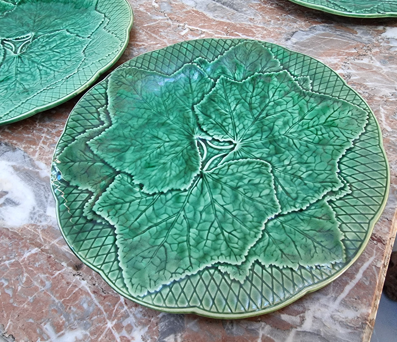 Fabulous rare set of 8 French Majolica plates (Autumn Leaves) 8 plates and a charger plate in good original condition.