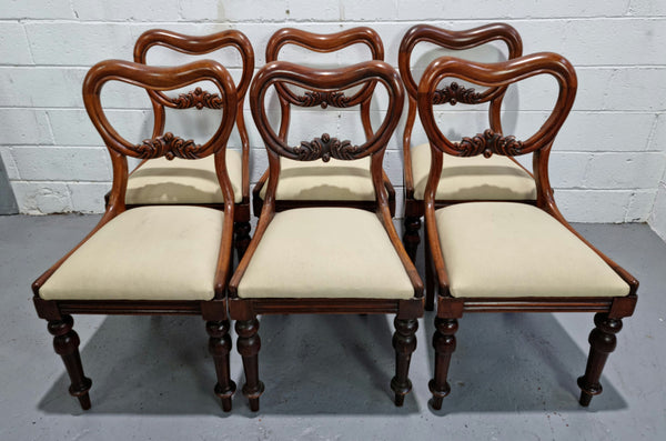 Set of six Victorian style balloon back chairs with lovely carved detail on legs and backs. Cream coloured upholstered seats and fabric is in good condition with some sign on use. Overall chairs are in good original detailed condition.