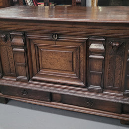 Stunning 18th Century solid French oak Cassone. It has plently of storage space inside along with two drawers at the bottom. It has loads of charter and has been sourced from France. It is in good original detailed condition.