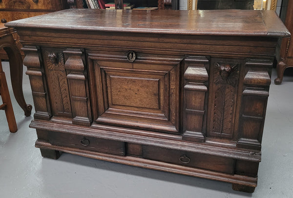 Stunning 18th Century solid French oak Cassone. It has plently of storage space inside along with two drawers at the bottom. It has loads of charter and has been sourced from France. It is in good original detailed condition.