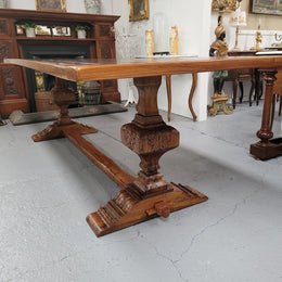 French style reclaimed Elm Farmhouse table with stretcher base and amazing carving underneath. Table can sit 10-12 people and is in good original detailed condition.