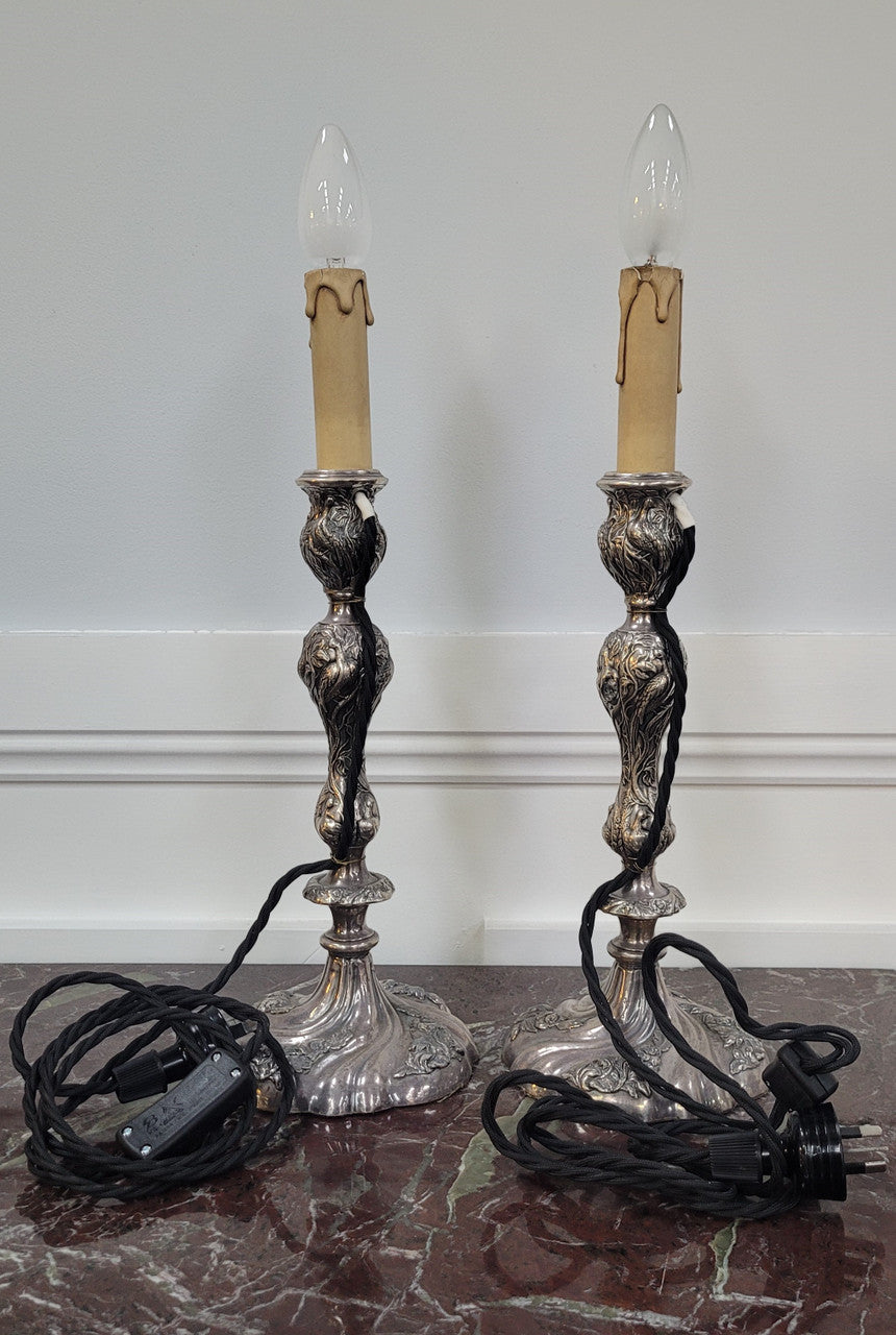Pair of Antique French Silver Candlestick Table Lamps | Antique & Vintage | Moonee Ponds Antiques | Australia Wide Delivery