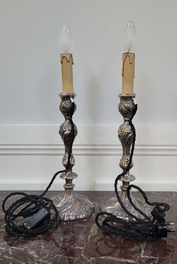 Pair of Antique French Silver Candlestick Table Lamps | Antique & Vintage | Moonee Ponds Antiques | Australia Wide Delivery