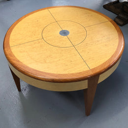 Lovely Vintage round Mahogany and blonde wood coffee table by (Alexander J Cook). It is in good original condition.