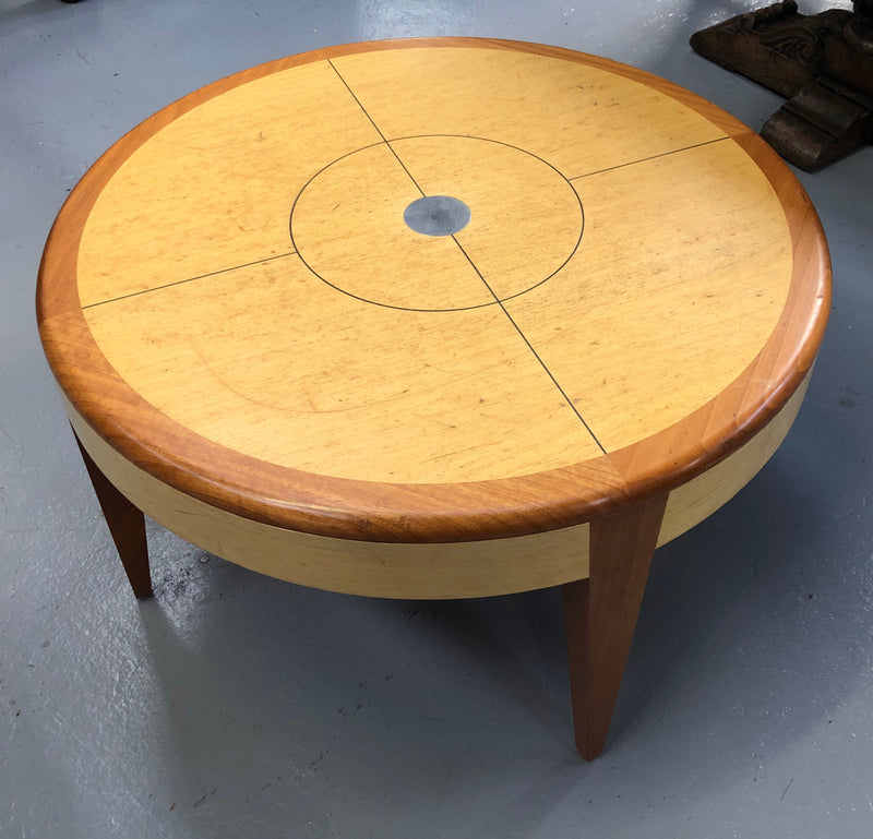 Lovely Vintage round Mahogany and blonde wood coffee table by (Alexander J Cook). It is in good original condition.