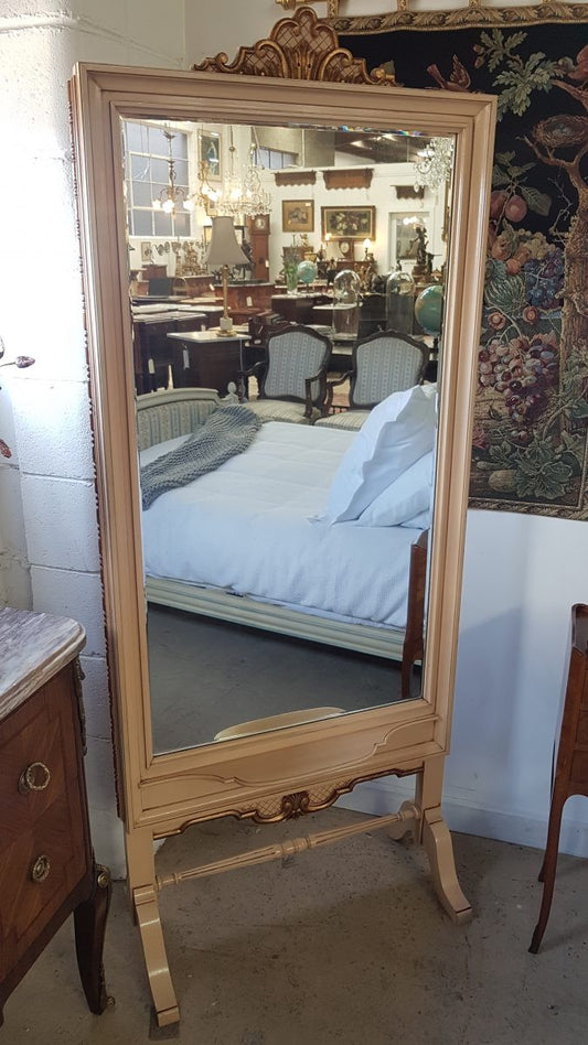 A beautiful Louis XVI style painted cheval mirror with carving and original bevel glass mirror.  In good condition.