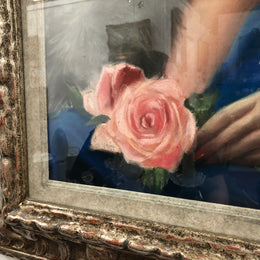 Belgian silver gilt framed pastel of a lady with rose, signed "Simon Dujardin" born 1900. Circa 1950's. Being a pastel artwork it is under glass to protect it.