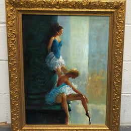 Beautifully framed canvas painting of a pair of ballet dancers. In a very ornate decorative frame. In good original condition.