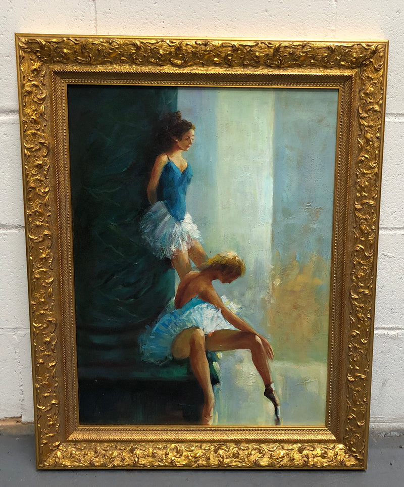 Beautifully framed canvas painting of a pair of ballet dancers. In a very ornate decorative frame. In good original condition.