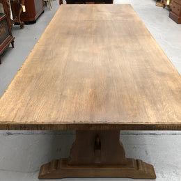 Lovely long French light oak Farmhouse table with a good thick plank top and beautiful stretcher base. Can seat 12 people very comfortable and is in good original condition.