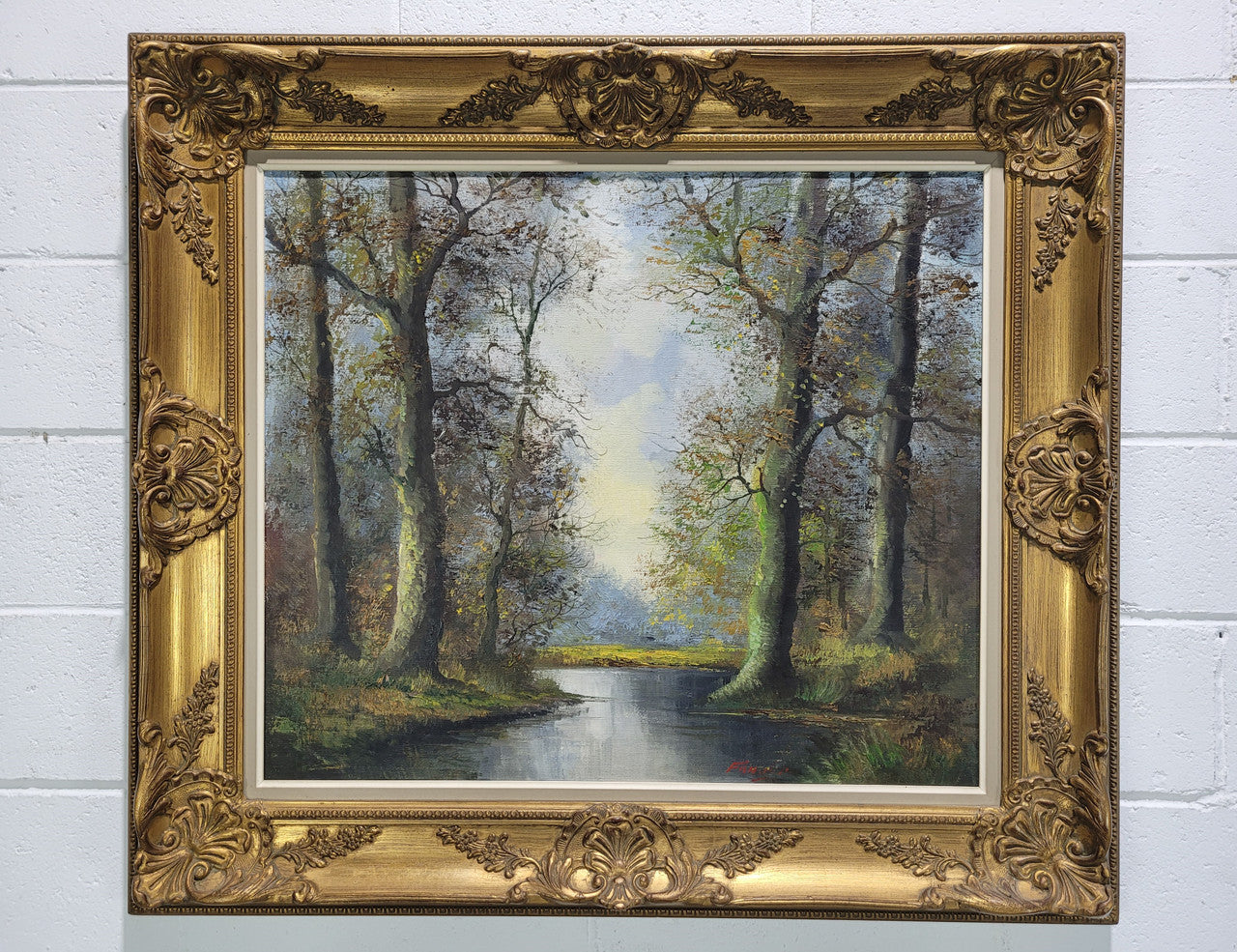 Stunning large French oil on canvas painting depicting river landscape.  Signed by “Franks”. In good original gilt frame.