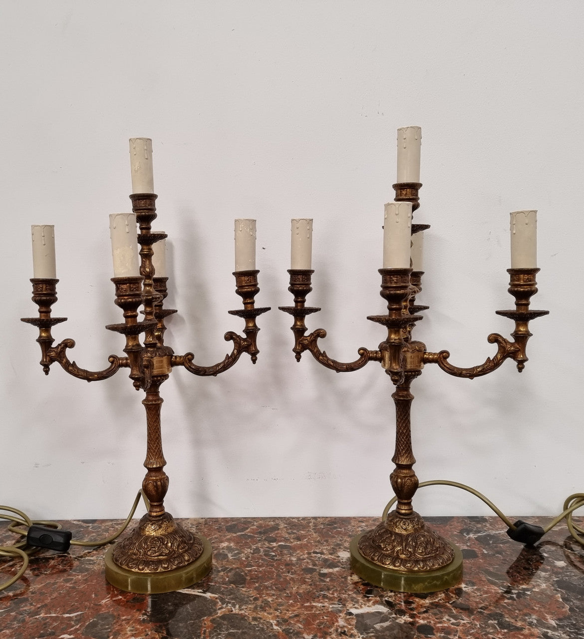 A Pair of French Bronze & Alabaster Marble Base Lamps