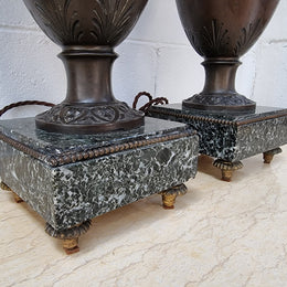 Antique pair of beautiful French urns on marble table\bedside lamps. In good original detailed working condition .