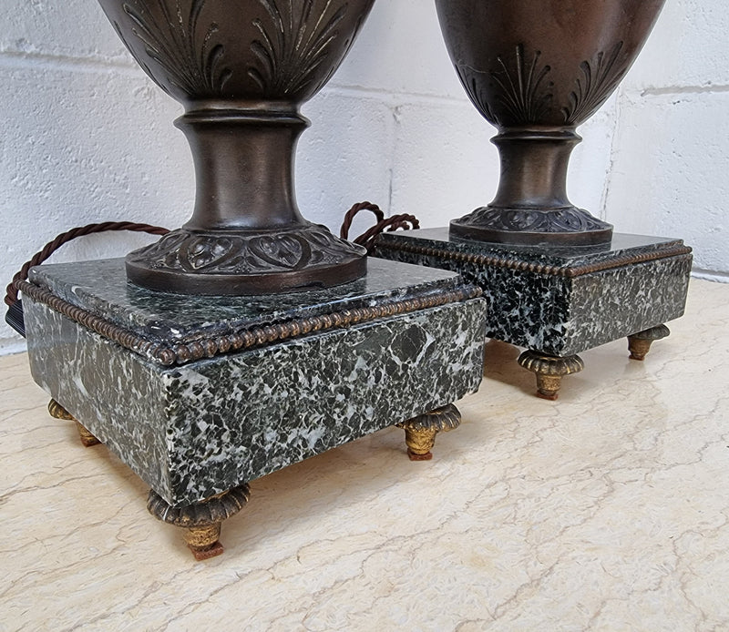 Antique pair of beautiful French urns on marble table\bedside lamps. In good original detailed working condition .
