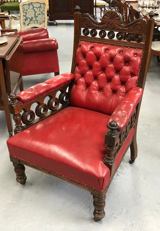 Leather Walnut Button Back Library Chair
