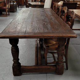 Amazing 2.65 meter French Elm Refectory dining table with loads of rustic charm. This table has been sourced from France and can comfortably seat ten people. It is in good original detailed condition.