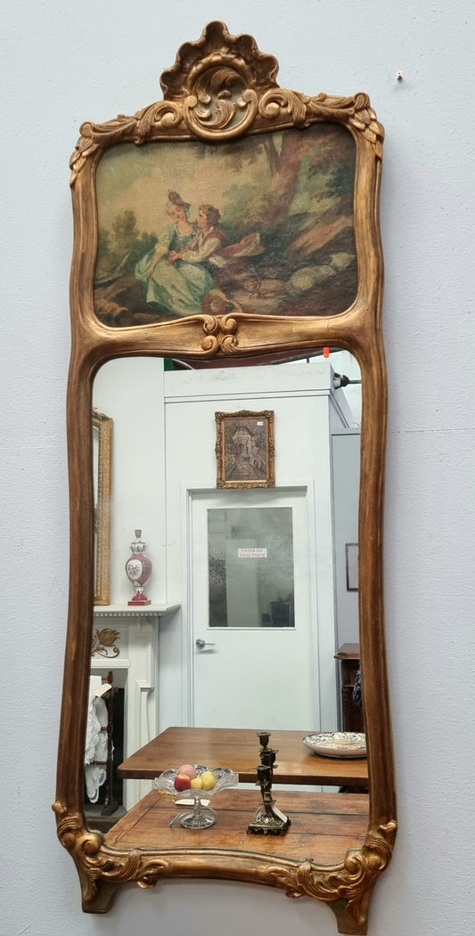 Stunning 19th Century French hand-painted wall mirror. The beautiful painted top panel of a couple in a lovely gold painted frame, in good original detailed condition.