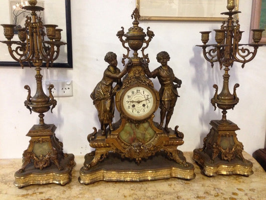Antique French Gilt Brass Clock Set