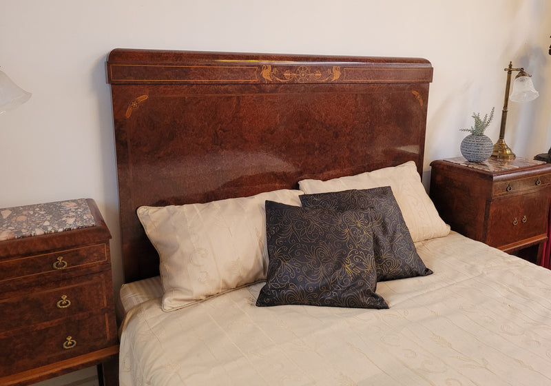 French Art Deco bedroom suite consisting of queen size bed in Amboyna wood and featuring pretty inlay. It comes with a matching pair of bedsides. It is a very stylish and high quality suite. It has been sourced from France and is in good original detailed condition.