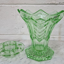 Beautiful green depression glass flower vase with insert. in good original condition.