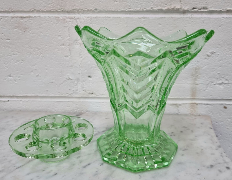 Beautiful green depression glass flower vase with insert. in good original condition.