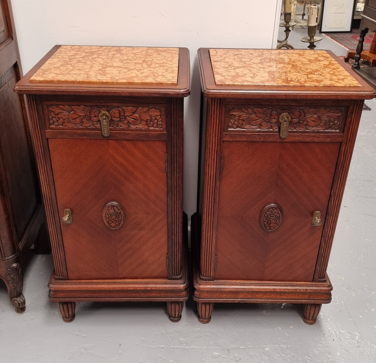 Pair Of French Oak Art Deco Inset Marble Top Bedsides | Antique & Vintage | Moonee Ponds Antiques | Australia Wide Delivery