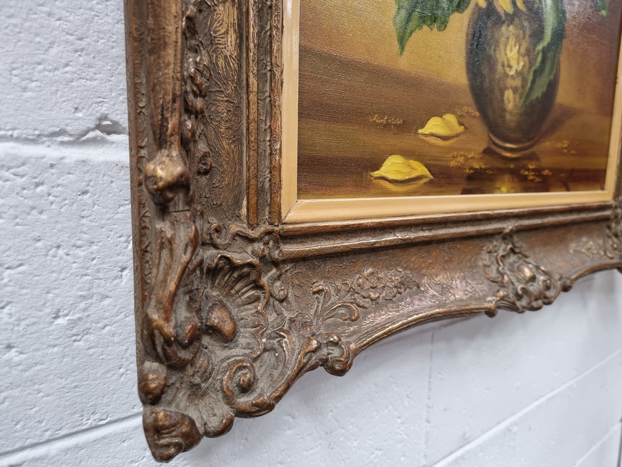 French signed oil on canvas depicting sunflowers in an attractive gilt frame. It is in good original detailed condition and has been sourced from France.